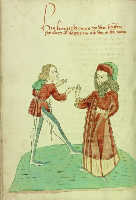 Framed Print : A Young Man Meeting an Older Bearded Man; Barlaam und Josaphat, 1469. Creators: Hans Schilling, Diebolt Lauber Framed Print : A Young Man Meeting an Older Bearded Man; Barlaam und Josaphat, 1469. Creators: Hans Schilling, Diebolt Lauber
