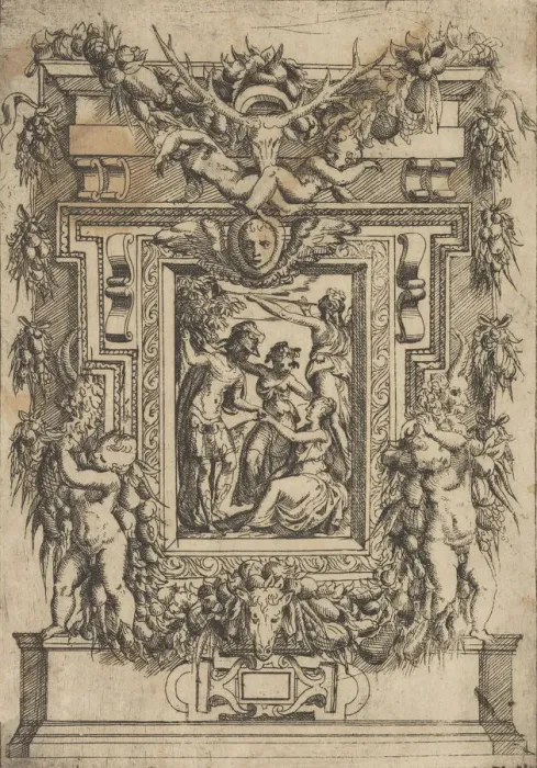 Framed Print : A young man offers his hand to a seated woman, another woman stands between them an Framed Print : A young man offers his hand to a seated woman, another woman stands between them an