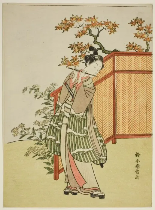 Framed Print : Young Man Playing the Flute Beside a Fence, c. 1767. Creator: Suzuki Harunobu Framed Print : Young Man Playing the Flute Beside a Fence, c. 1767. Creator: Suzuki Harunobu