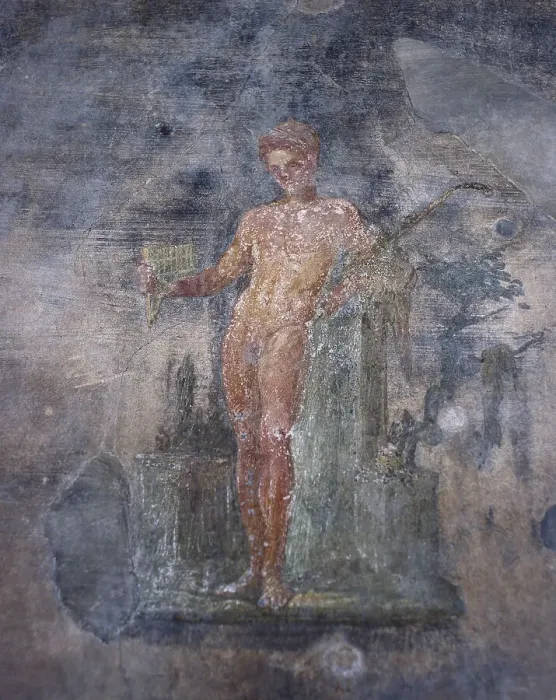 Framed Print : Young man playing the flute, House of the Vettii, Pompeii, Italy, 1st century. Creator: Unknown Framed Print : Young man playing the flute, House of the Vettii, Pompeii, Italy, 1st century. Creator: Unknown