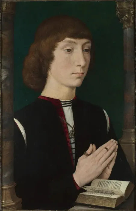 Framed Print : A Young Man at Prayer, 1470s. Artist: Memling, Hans (1433 / 40-1494) Framed Print : A Young Man at Prayer, 1470s. Artist: Memling, Hans (1433 / 40-1494)