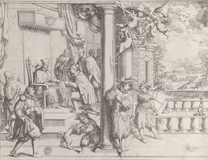 Framed Print : A Young Man Presenting his Thesis to Cardinal Aldobrandini, 1620. 1620 Framed Print : A Young Man Presenting his Thesis to Cardinal Aldobrandini, 1620. 1620