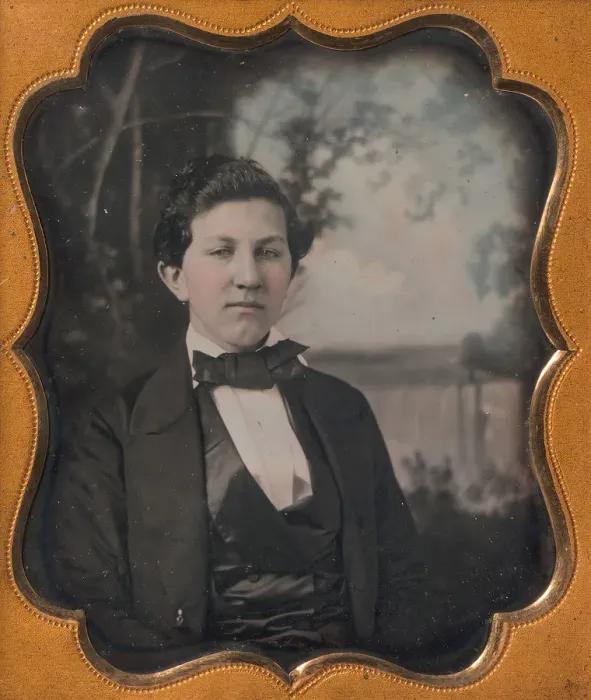 Framed Print : Young Man Seated in Front of Painted Outdoor Backdrop, 1850s. Creator: Unknown Framed Print : Young Man Seated in Front of Painted Outdoor Backdrop, 1850s. Creator: Unknown