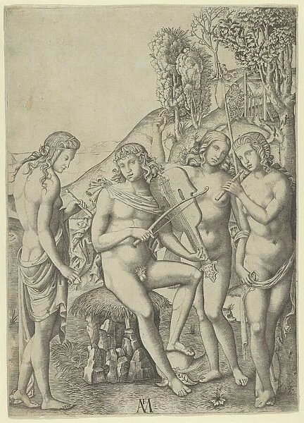 A young man, seated and playing the violin at centre, flanked by two woman holding... ca. 1510-27. Creator: Marcantonio Raimondi