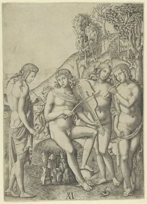 Framed Print : A young man, seated and playing the violin at centre, flanked by two woman holding... ca. 1510-27. Creator: Marcantonio Raimondi Framed Print : A young man, seated and playing the violin at centre, flanked by two woman holding... ca. 1510-27. Creator: Marcantonio Raimondi