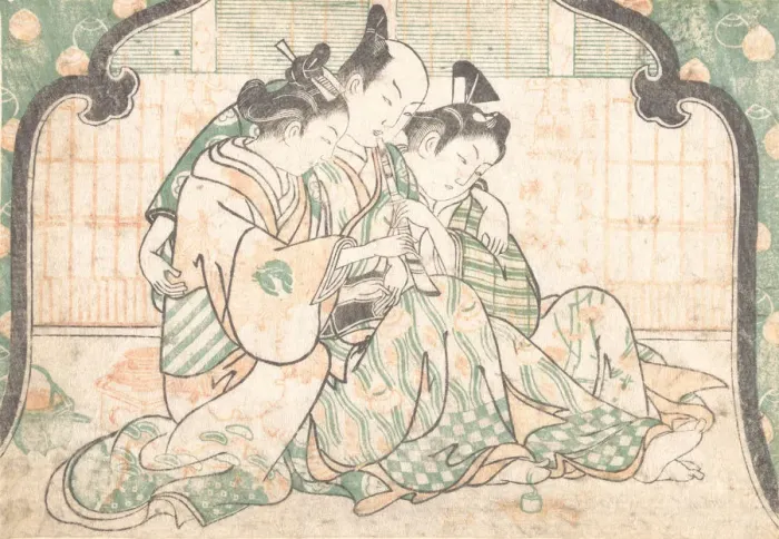 Framed Print : A Young Man Seated between Two Women, ca. 1749. ca. 1749. Creator: Okumura Masanobu Framed Print : A Young Man Seated between Two Women, ca. 1749. ca. 1749. Creator: Okumura Masanobu
