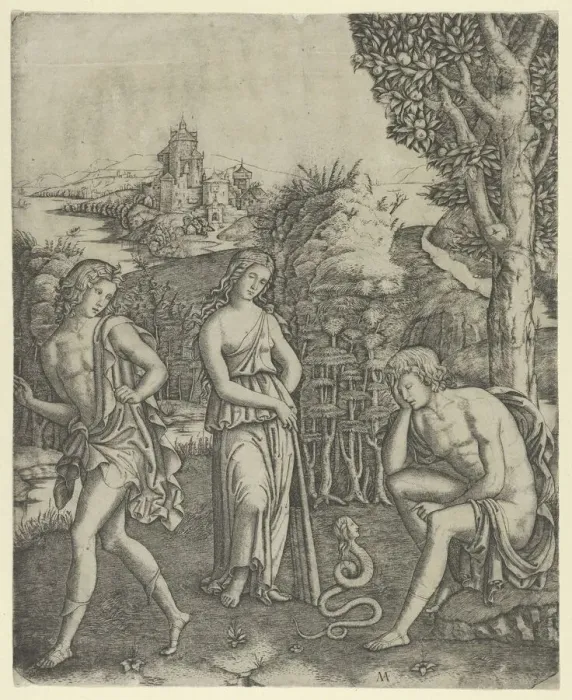 Framed Print : A young man sitting at right resting his head in his hand, a snake with a womans he... ca. 1510-20. Creator: Marcantonio Raimondi Framed Print : A young man sitting at right resting his head in his hand, a snake with a womans he... ca. 1510-20. Creator: Marcantonio Raimondi