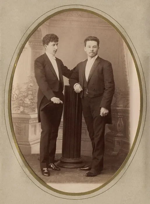 Framed Print : Two young men in civilian suits, 1892. Creator: Bogdanovich Framed Print : Two young men in civilian suits, 1892. Creator: Bogdanovich