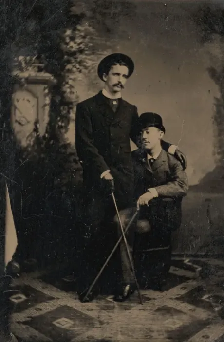 Framed Print : Two Young Men Crossing Their Walking Sticks, 1880s. Creator: Unknown Framed Print : Two Young Men Crossing Their Walking Sticks, 1880s. Creator: Unknown
