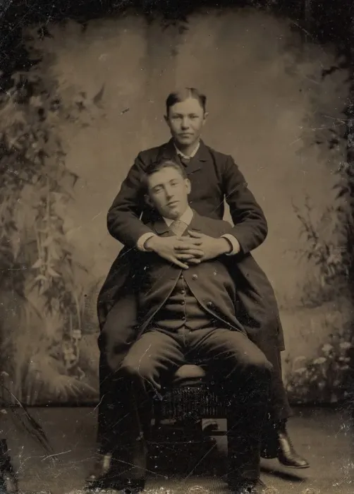 Framed Print : Two Young Men, One Embracing the Other, 1870s-80s. Creator: Unknown