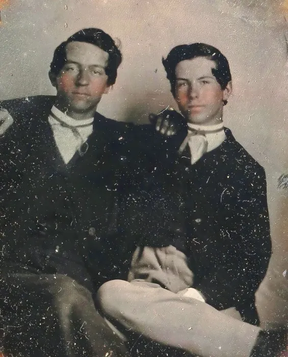 Framed Print : Two Young Men Seated with Their Arms Around Each Other, 1860s. Creator: Unknown Framed Print : Two Young Men Seated with Their Arms Around Each Other, 1860s. Creator: Unknown
