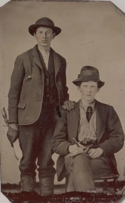 Framed Print : Two Young Men, One Seated and One Standing, Holding Carpentry Tools, 1870s-90s Framed Print : Two Young Men, One Seated and One Standing, Holding Carpentry Tools, 1870s-90s