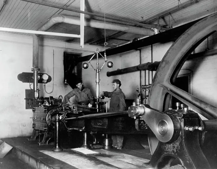 Framed Print : Two young men training in mechanical(?) engineering at Hampton Institute, Virginia, 1899 or 1900. Creator: Frances Benjamin Johnston Framed Print : Two young men training in mechanical(?) engineering at Hampton Institute, Virginia, 1899 or 1900. Creator: Frances Benjamin Johnston