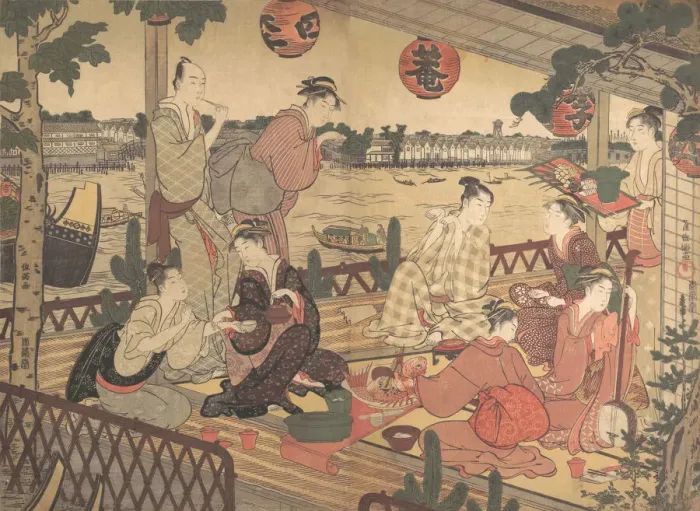 Framed Print : Two Young Men and Several Women Dining at a Tea-house on the Bank of the Sumida River, ca Framed Print : Two Young Men and Several Women Dining at a Tea-house on the Bank of the Sumida River, ca