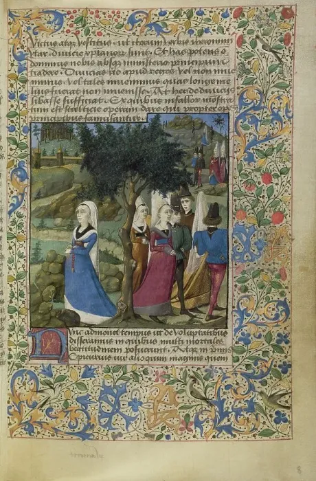 Framed Print : Young Men and Women Outdoors; Historia de duobus amantibus, about 1460-1470. Creator: Unknown Framed Print : Young Men and Women Outdoors; Historia de duobus amantibus, about 1460-1470. Creator: Unknown
