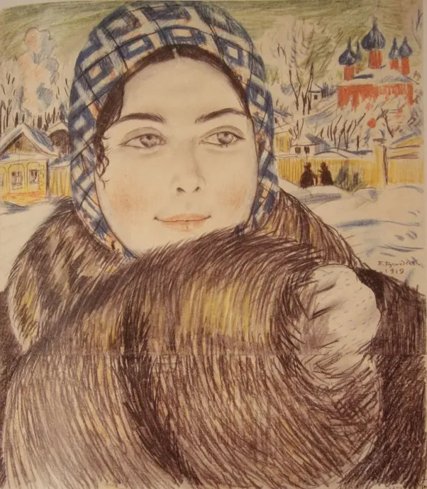 Framed Print : A young merchants wife in the a checkered scarf, 1919. Artist: Kustodiev, Boris Michaylovich (1878-1927) Framed Print : A young merchants wife in the a checkered scarf, 1919. Artist: Kustodiev, Boris Michaylovich (1878-1927)