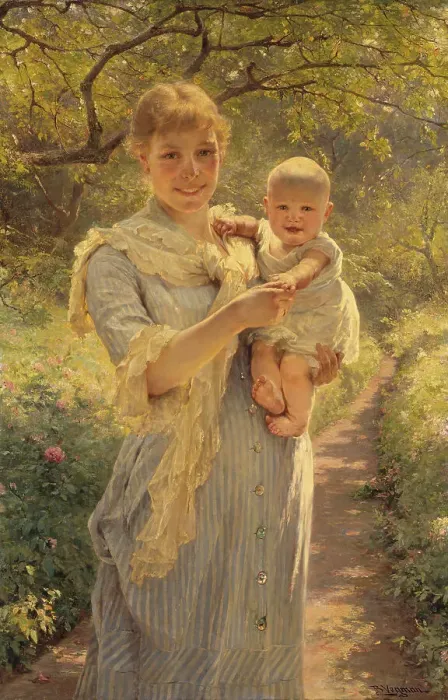 Framed Print : Young Mother with a Child in a Garden, c1900. Creator: Bertha Wegmann Framed Print : Young Mother with a Child in a Garden, c1900. Creator: Bertha Wegmann