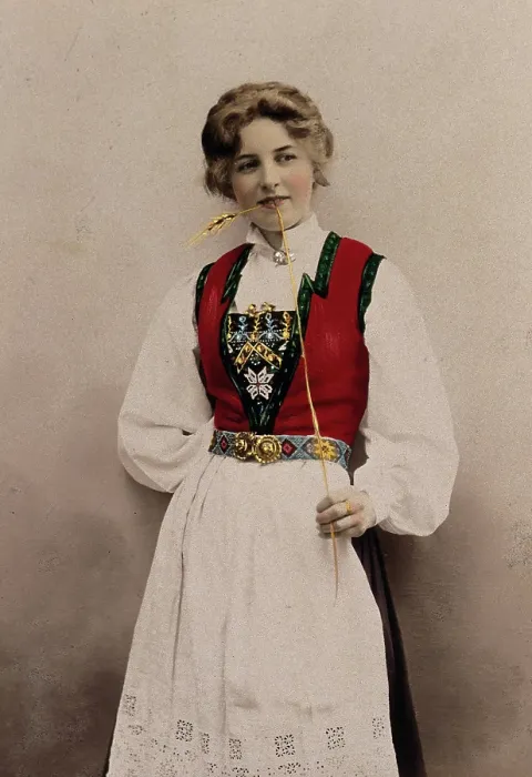 Framed Print : A young Norwegian woman, posing in a photographic studio wearing peasant dress, 1903. Creator: Solveig Lund Framed Print : A young Norwegian woman, posing in a photographic studio wearing peasant dress, 1903. Creator: Solveig Lund