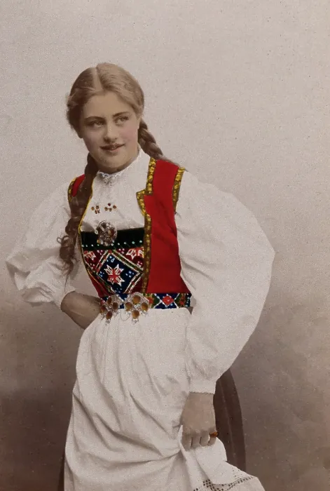 Framed Print : A young Norwegian woman, posing in a photographic studio wearing peasant dress, 1901. Creator: Sostrene Persen Framed Print : A young Norwegian woman, posing in a photographic studio wearing peasant dress, 1901. Creator: Sostrene Persen