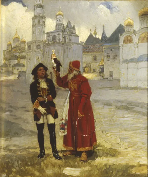 Framed Print : Young Peter I. and his falcon, 1900s. Artist: Lebedev, Klavdi Vasilyevich (1852-1916) Framed Print : Young Peter I. and his falcon, 1900s. Artist: Lebedev, Klavdi Vasilyevich (1852-1916)