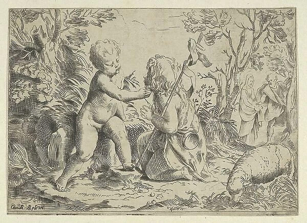 Young Saint John the Baptist kneeling before the infant Christ who caresses his face, ca. 1600-1640. Creator: Anon