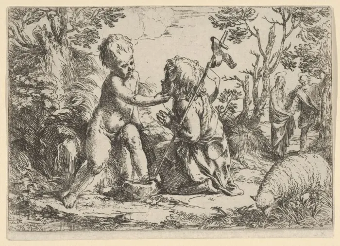 Framed Print : Young Saint John the Baptist kneeling before the infant Christ who caresses his f... ca Framed Print : Young Saint John the Baptist kneeling before the infant Christ who caresses his f... ca