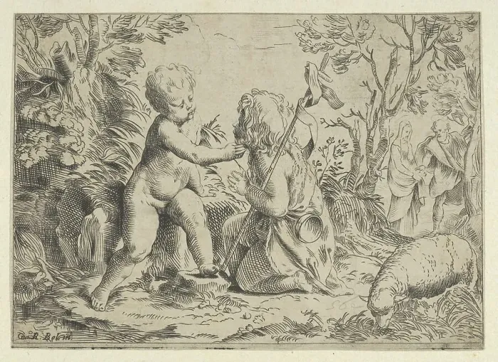 Framed Print : Young Saint John the Baptist kneeling before the infant Christ who caresses his face, ca. 1600-1640. Creator: Anon Framed Print : Young Saint John the Baptist kneeling before the infant Christ who caresses his face, ca. 1600-1640. Creator: Anon