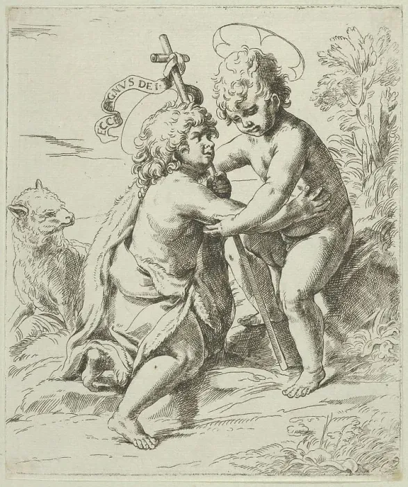 Framed Print : The young Saint John the Baptist kneeling before the young Christ who embraces him, ca. 1600-1640. Creator: Anon Framed Print : The young Saint John the Baptist kneeling before the young Christ who embraces him, ca. 1600-1640. Creator: Anon