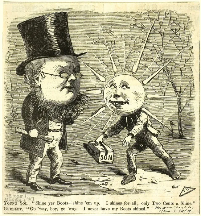 Framed Print : Young Sol and Greely, from Harper's Weekly, published May 1, 1869. Creator: Frank Beard Framed Print : Young Sol and Greely, from Harper's Weekly, published May 1, 1869. Creator: Frank Beard
