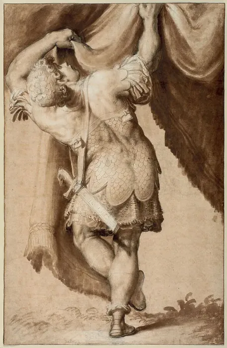 Framed Print : Young Warrior, Seen from Behind, Lifting a Curtain, 1550 / 55. Creator: Francesco Salviati Framed Print : Young Warrior, Seen from Behind, Lifting a Curtain, 1550 / 55. Creator: Francesco Salviati