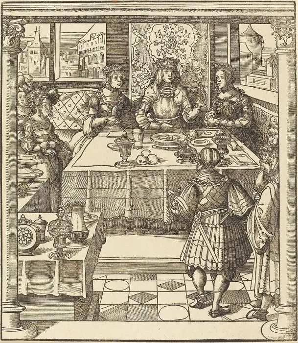 Framed Print : The Young White King between the Queen and Princess of the Feuereisen, 1514 / 1516. Creator: Leonhard Beck Framed Print : The Young White King between the Queen and Princess of the Feuereisen, 1514 / 1516. Creator: Leonhard Beck