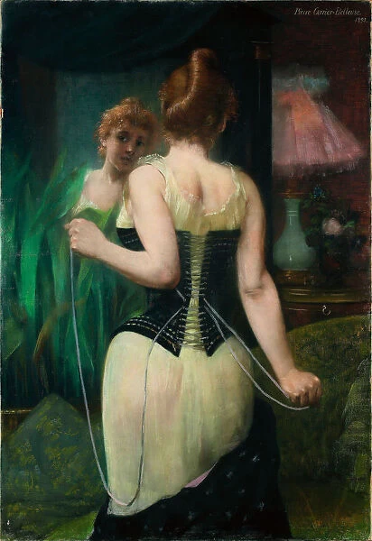 Young Woman Adjusting Her Corset, 1893. Artist: Carriere-Belleuse, Pierre (1851-1933)