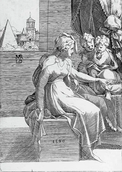 Framed Print : Young Woman in Antique Dress and Two Children, 1540. Creator: Leon Davent Framed Print : Young Woman in Antique Dress and Two Children, 1540. Creator: Leon Davent