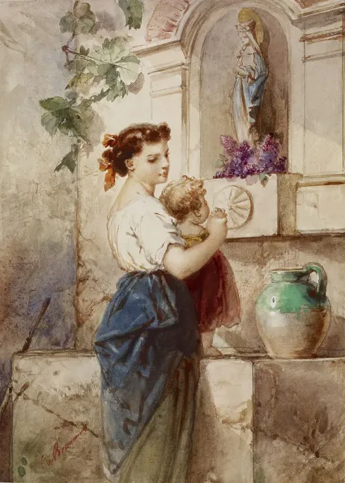 Framed Print : Young Woman with Baby Beside Wall, 19th century. Creator: Edouard de Beaumont Framed Print : Young Woman with Baby Beside Wall, 19th century. Creator: Edouard de Beaumont