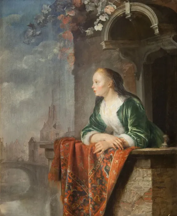 Framed Print : Young woman on a balcony, ca 1665 Framed Print : Young woman on a balcony, ca 1665