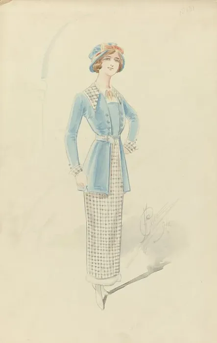 Framed Print : Young woman in black and white checkered ensemble, 1914. Creator: Price Framed Print : Young woman in black and white checkered ensemble, 1914. Creator: Price