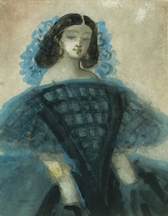 Framed Print : Young Woman in a Blue and Black Dress, ca. 1863 (?). Creator: Constantin Guys Framed Print : Young Woman in a Blue and Black Dress, ca. 1863 (?). Creator: Constantin Guys