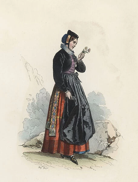 Young woman in the Canton of Fribourg (Switzerland), color engraving 1870