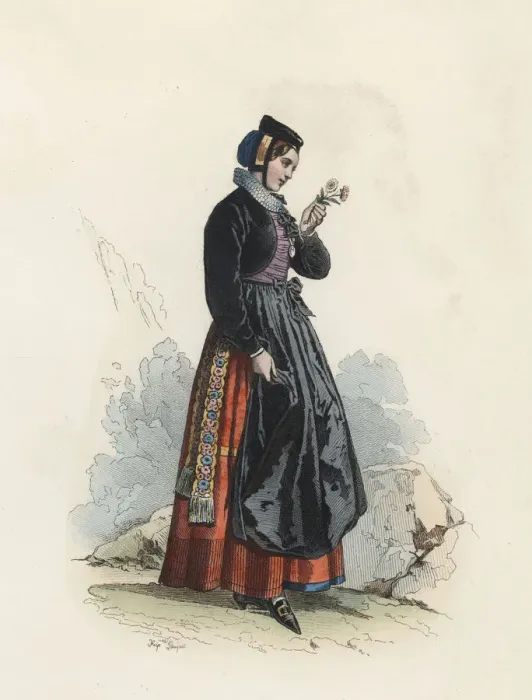 Framed Print : Young woman in the Canton of Fribourg (Switzerland), color engraving 1870 Framed Print : Young woman in the Canton of Fribourg (Switzerland), color engraving 1870