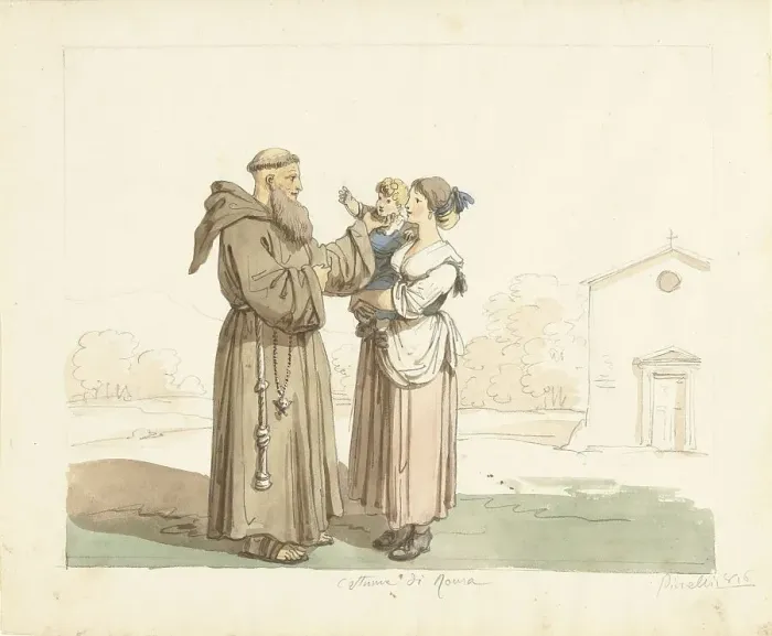 Framed Print : Young woman with child standing in front of a monk, 1816. Creator: Bartolomeo Pinelli Framed Print : Young woman with child standing in front of a monk, 1816. Creator: Bartolomeo Pinelli