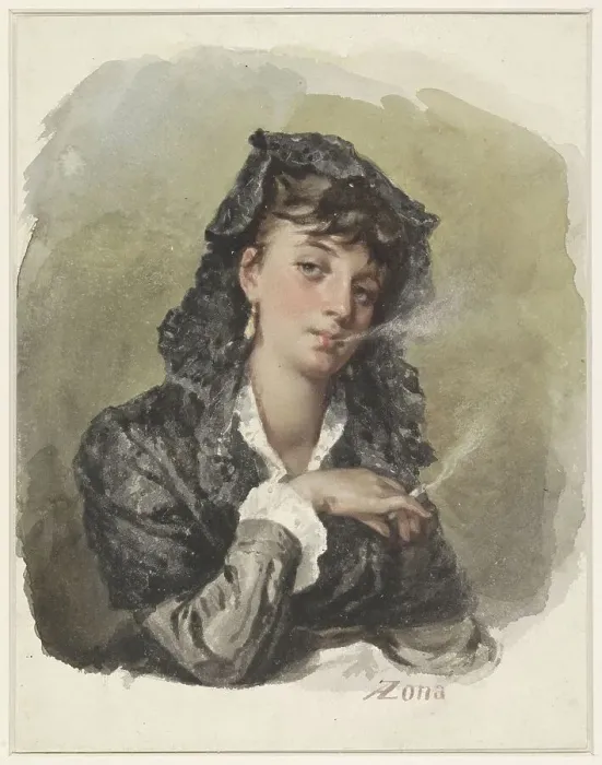 Framed Print : Young woman with a cigarette, 1823-1892. Creator: Antonio Zona Framed Print : Young woman with a cigarette, 1823-1892. Creator: Antonio Zona