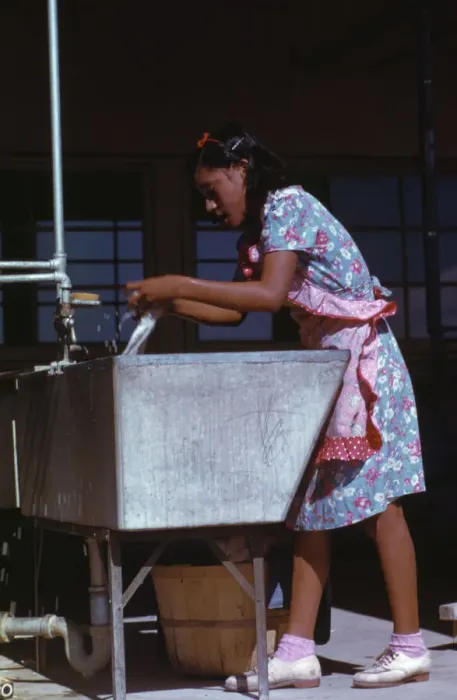 Framed Print : Young woman at the community laundry on Saturday afternoon, FSA... camp, Robstown, Tex. 1942. Creator: Arthur Rothstein Framed Print : Young woman at the community laundry on Saturday afternoon, FSA... camp, Robstown, Tex. 1942. Creator: Arthur Rothstein