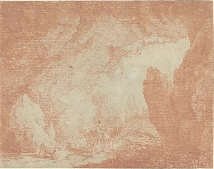 Framed Print : Young Woman with Donkeys Riding under a Natural Bridge. Creator: Hubert Robert Framed Print : Young Woman with Donkeys Riding under a Natural Bridge. Creator: Hubert Robert