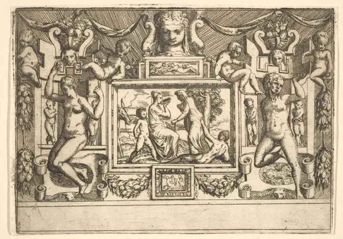 Framed Print : Young woman drinking from a bowl, an old woman standing in front of her, set within Framed Print : Young woman drinking from a bowl, an old woman standing in front of her, set within