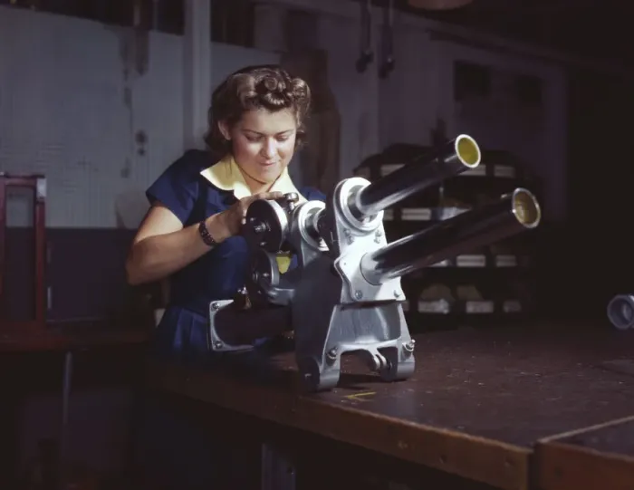 Framed Print : A young woman employee of North American Aviation, Incorporated... Inglewood, Calif. 1942. Creator: Alfred T Palmer Framed Print : A young woman employee of North American Aviation, Incorporated... Inglewood, Calif. 1942. Creator: Alfred T Palmer