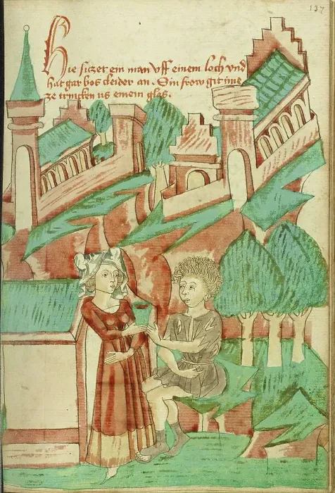 Framed Print : A Young Woman Giving Something to Drink to a Man in Torn Clothing; Barlaam und Josaphat, 1469. Creators: Hans Schilling, Diebolt Lauber Framed Print : A Young Woman Giving Something to Drink to a Man in Torn Clothing; Barlaam und Josaphat, 1469. Creators: Hans Schilling, Diebolt Lauber