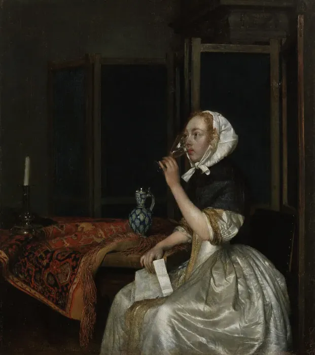 Framed Print : Young woman with a glass of wine, holding a letter in her hand, c1665. Creator: Gerard Terborch II Framed Print : Young woman with a glass of wine, holding a letter in her hand, c1665. Creator: Gerard Terborch II