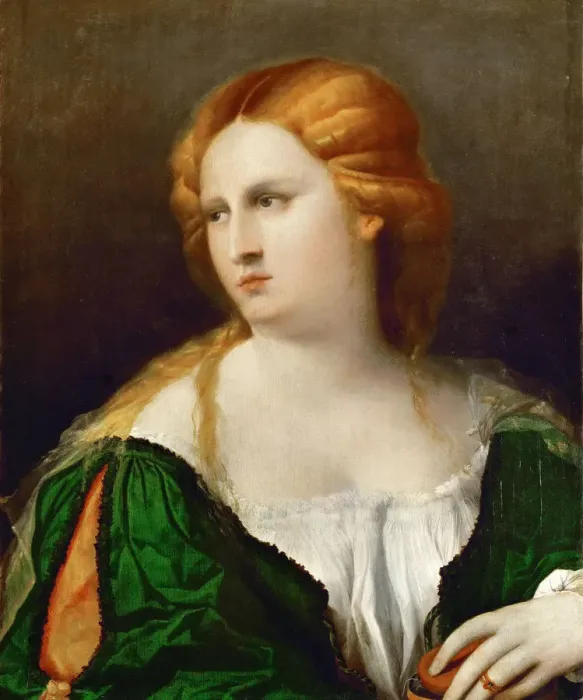 Framed Print : Young woman in a green dress, a box in her hand, ca 1514. Artist: Palma il Vecchio, Jacopo, the Elder (1480-1528) Framed Print : Young woman in a green dress, a box in her hand, ca 1514. Artist: Palma il Vecchio, Jacopo, the Elder (1480-1528)