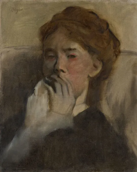 Framed Print : Young Woman with Her Hand over Her Mouth, ca. 1875. Creator: Edgar Degas Framed Print : Young Woman with Her Hand over Her Mouth, ca. 1875. Creator: Edgar Degas
