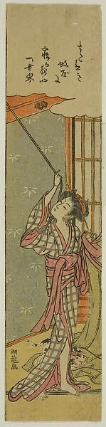 Young Woman Hanging a Mosquito Net, c. 1775. Creator: Isoda Koryusai